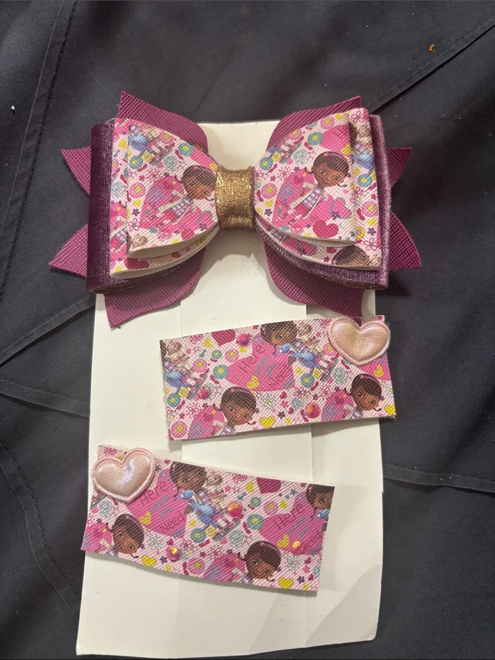 Pink Character Bow and Clip Set with Gold Accent - Kids Hair Accessories